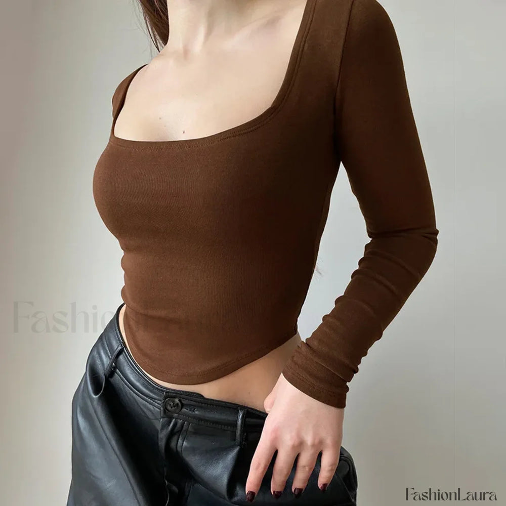 Square Collar Long Sleeve Solid Green Crop Top Brown / S
