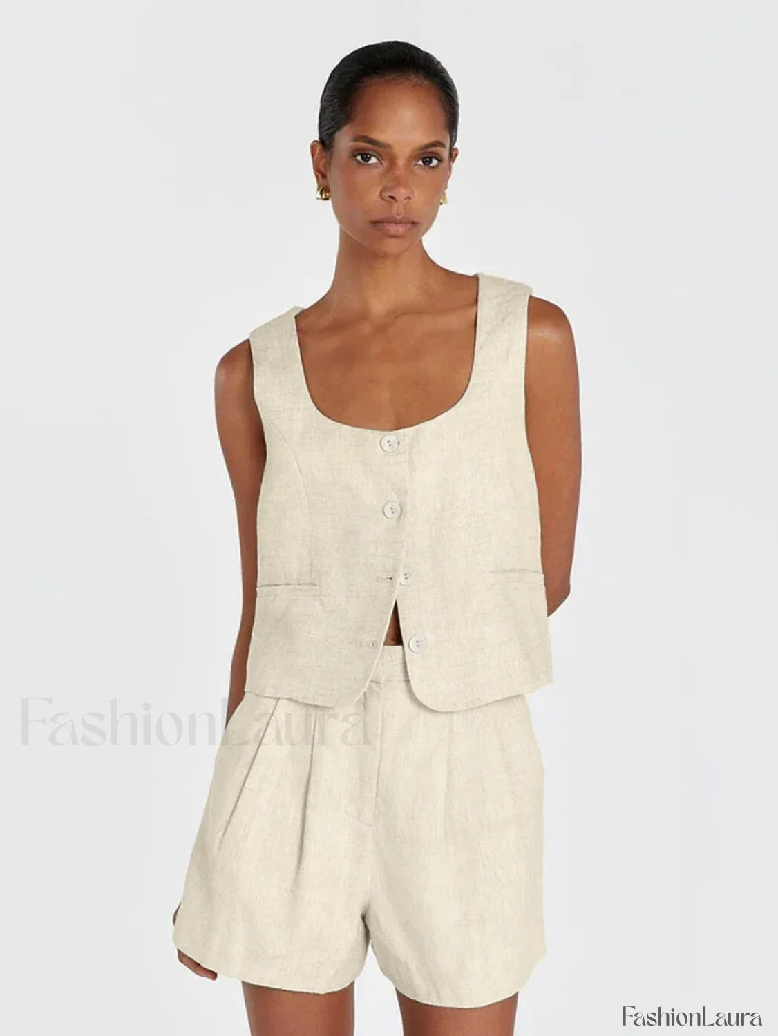 Square Collar Pajama Shorts Two Piece Set Beige / S
