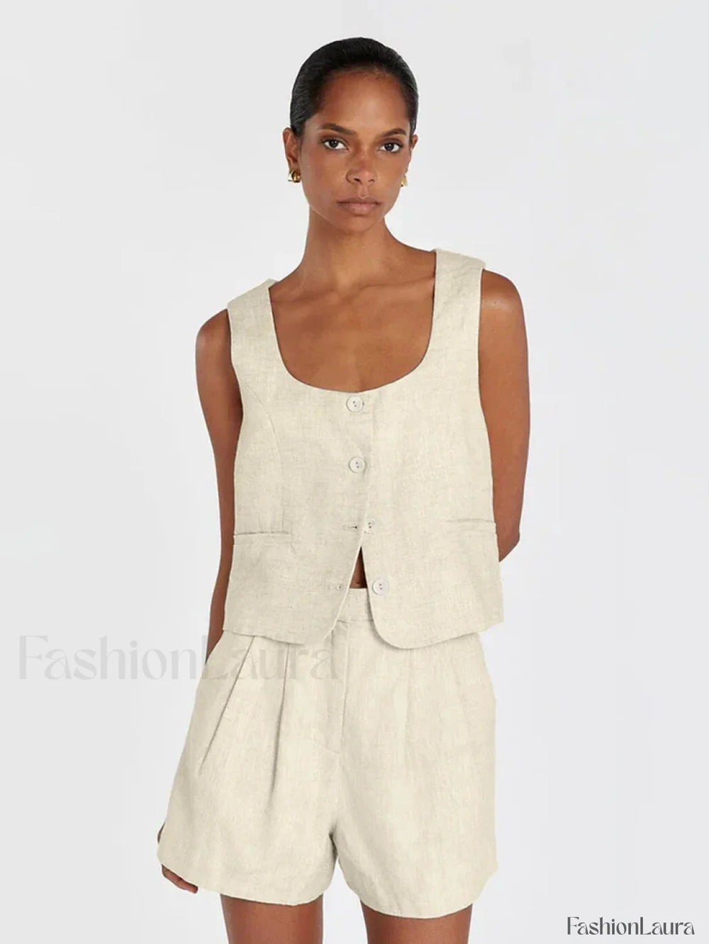 Square Collar Pajama Shorts Two Piece Set Beige / S