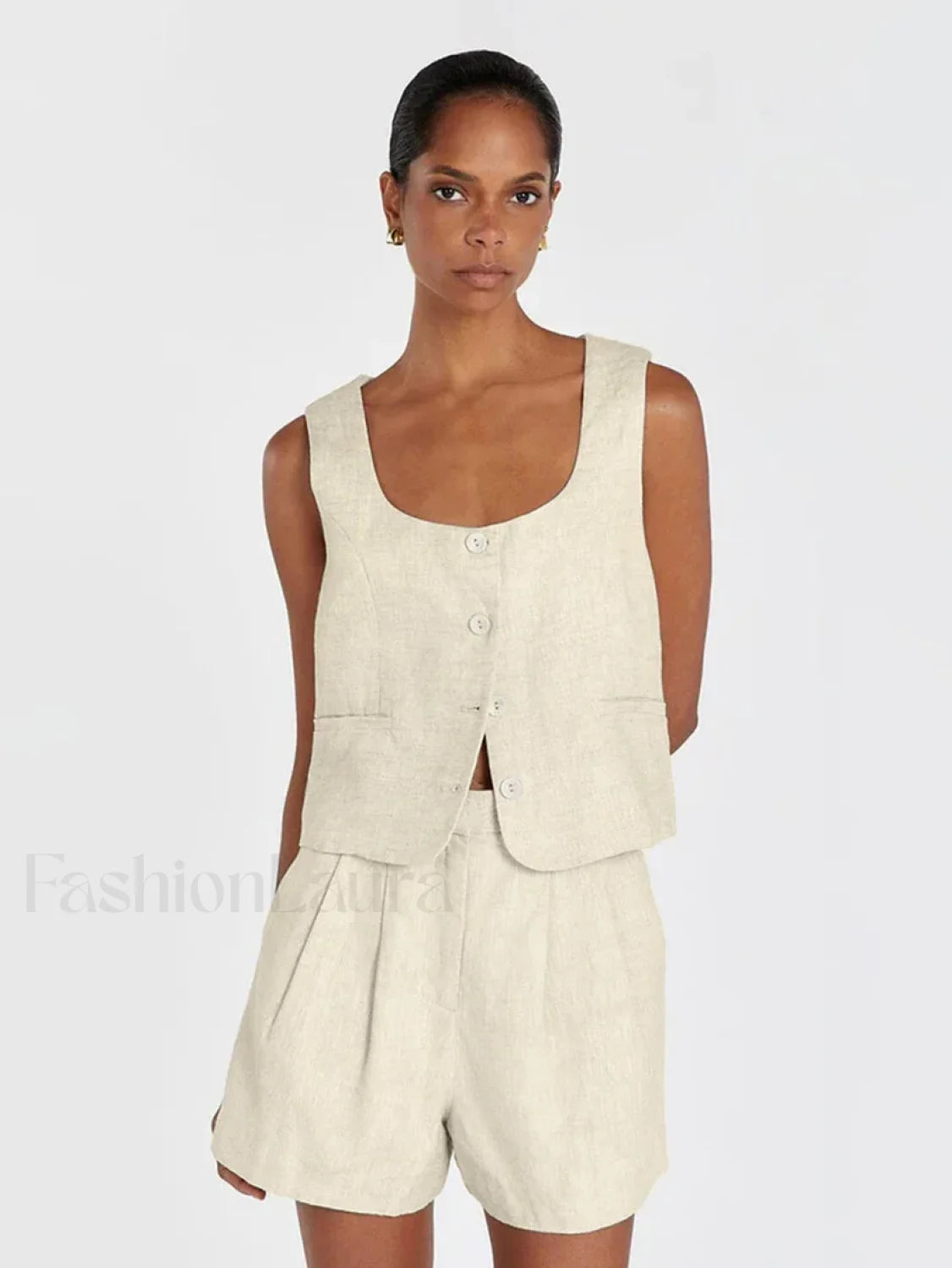 Square Collar Pajama Shorts Two Piece Set Beige / S Main image