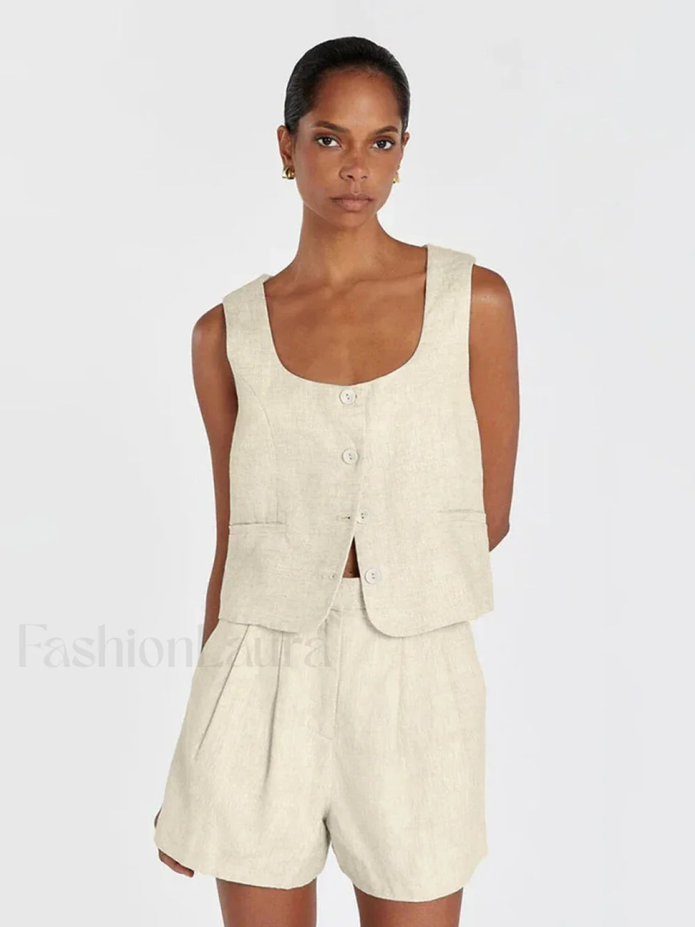 Square Collar Pajama Shorts Two Piece Set Beige / S