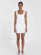 Square Collar Pajama Shorts Two Piece Set WHITE / S