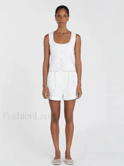 Square Collar Pajama Shorts Two Piece Set WHITE / S