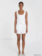 Square Collar Pajama Shorts Two Piece Set WHITE / S