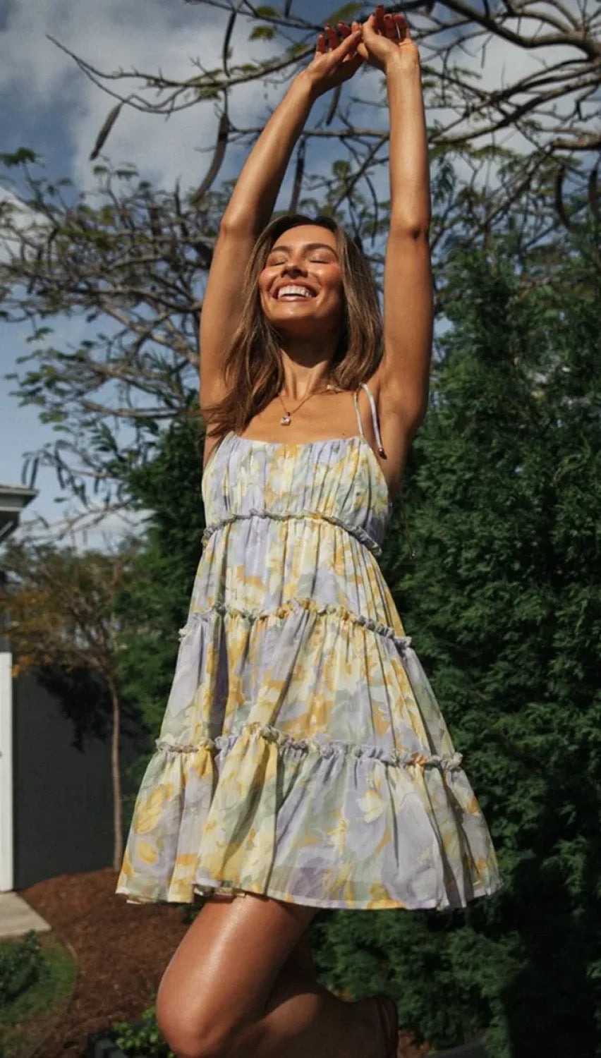 Square Collar Suspender Floral Dress