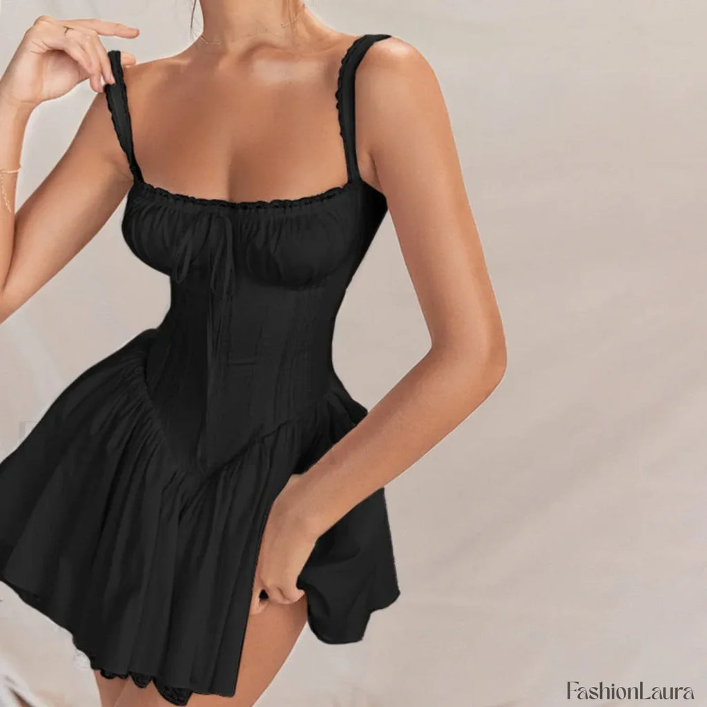Square Neck Ballet Floral Dress Black / S