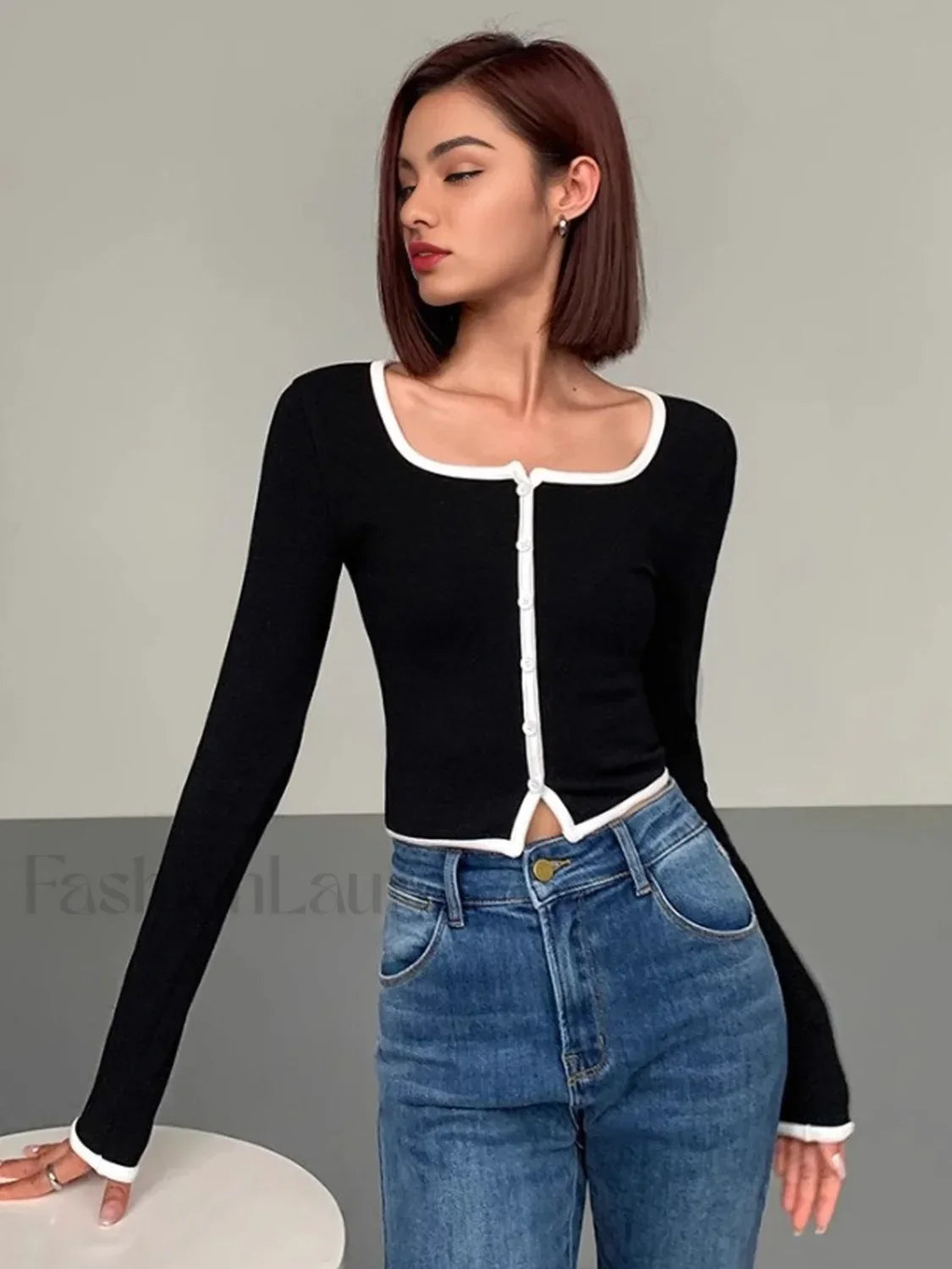 Square Neck Contrast Trim Long Sleeve Knit Shirt Black / XS T Shirts Main image