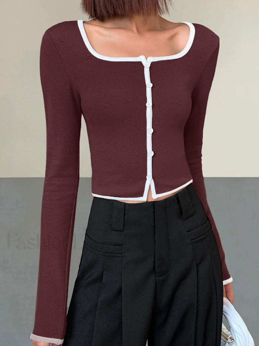 Square Neck Contrast Trim Long Sleeve Knit Shirt Burgundy / XS T Shirts