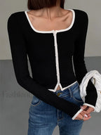 Square Neck Contrast Trim Long Sleeve Knit Shirt T Shirts