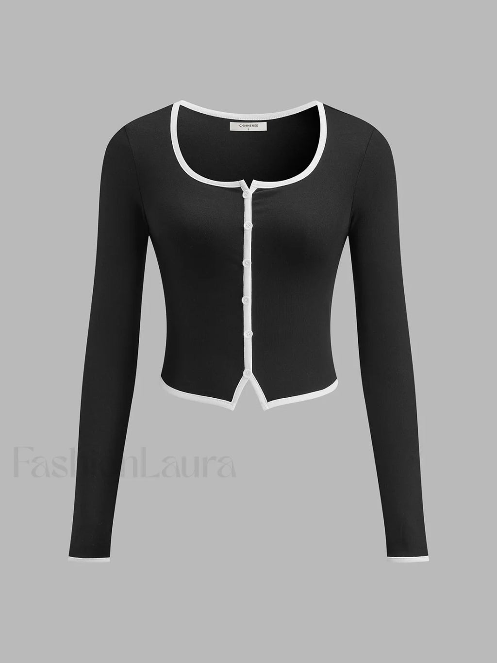 Square Neck Contrast Trim Long Sleeve Knit Shirt T Shirts