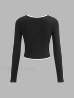 Square Neck Contrast Trim Long Sleeve Knit Shirt T Shirts