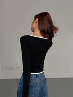 Square Neck Contrast Trim Long Sleeve Knit Shirt T Shirts