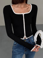 Square Neck Contrast Trim Long Sleeve Knit Shirt T Shirts
