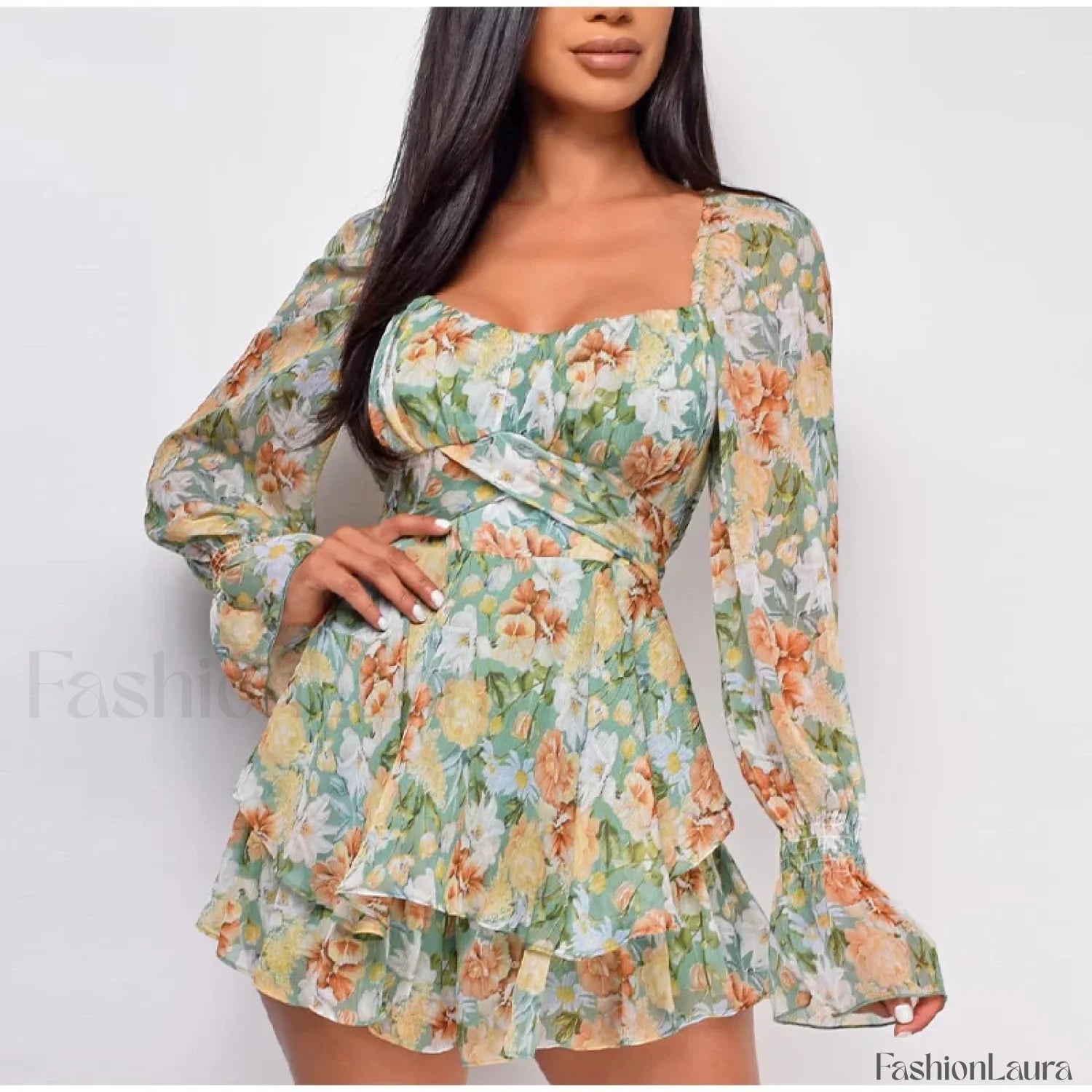 Square Neck Jumpsuit Floral Dress