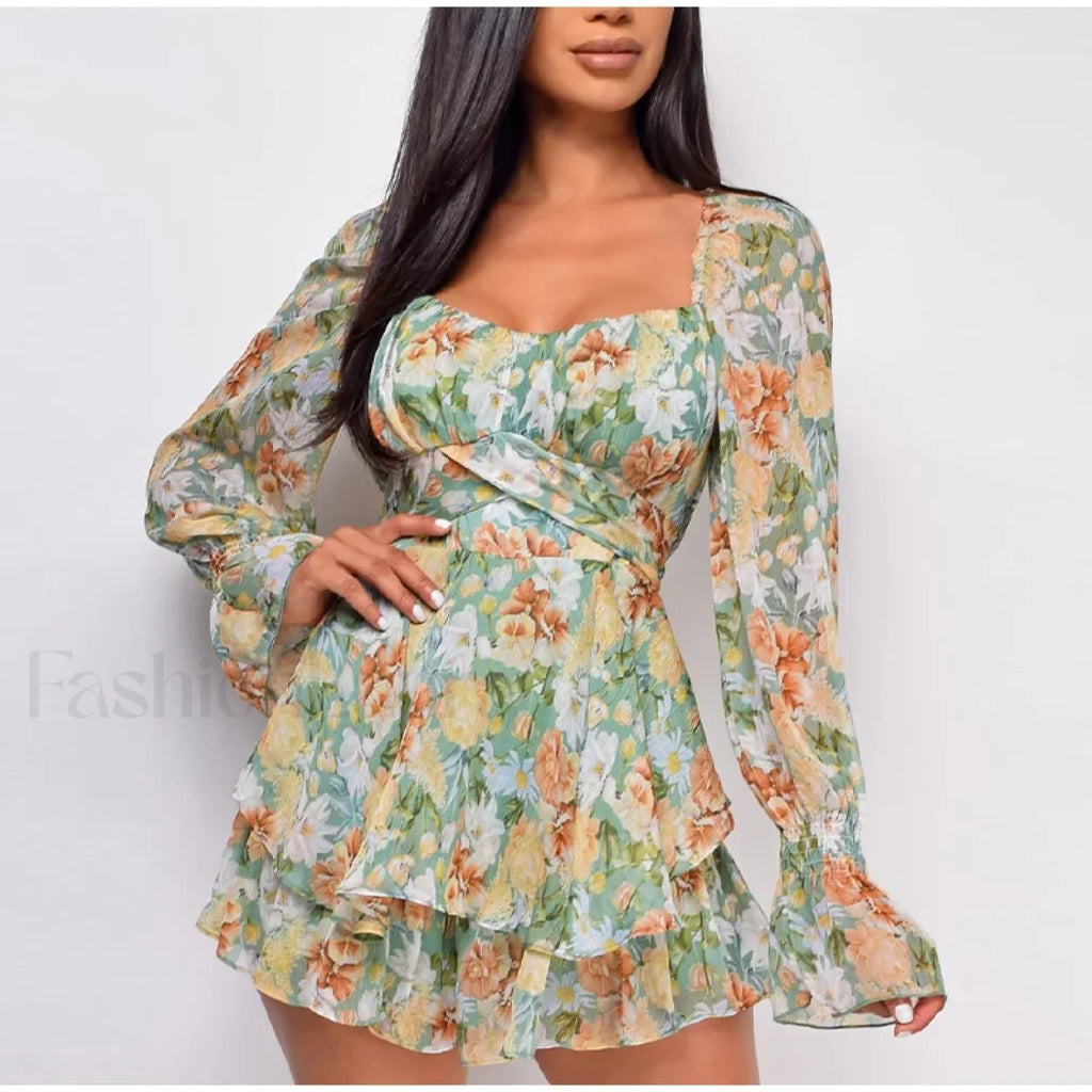 Square Neck Jumpsuit Floral Dress