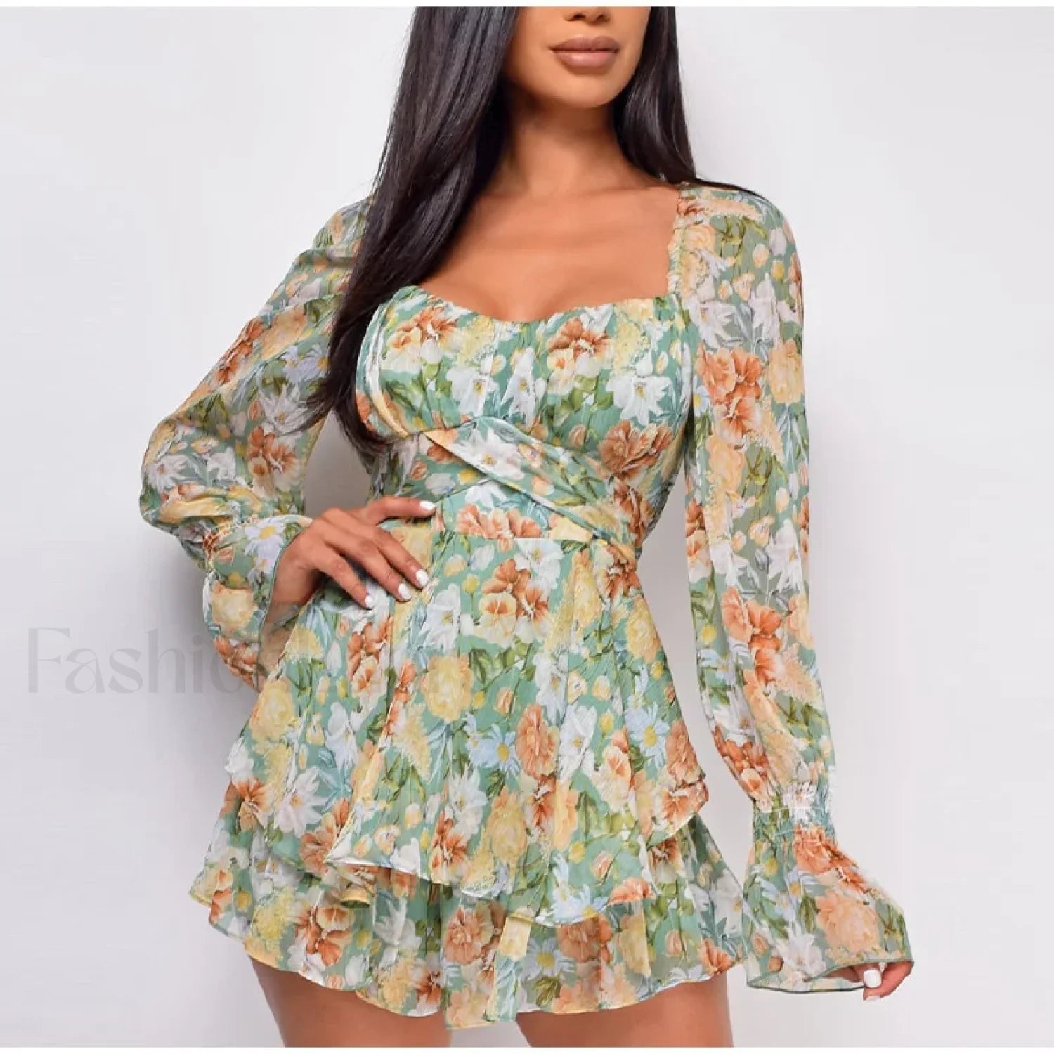 Square Neck Jumpsuit Floral Dress