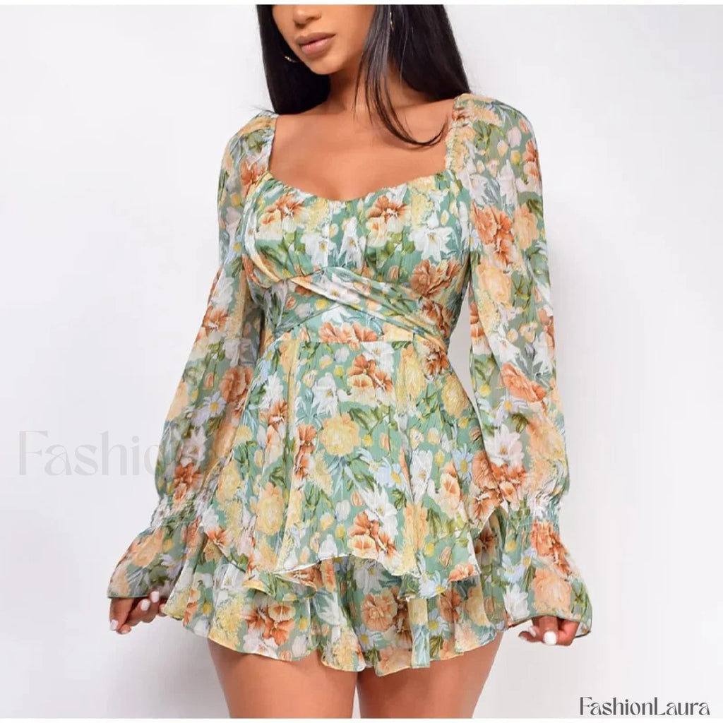 Square Neck Jumpsuit Floral Dress Green / S
