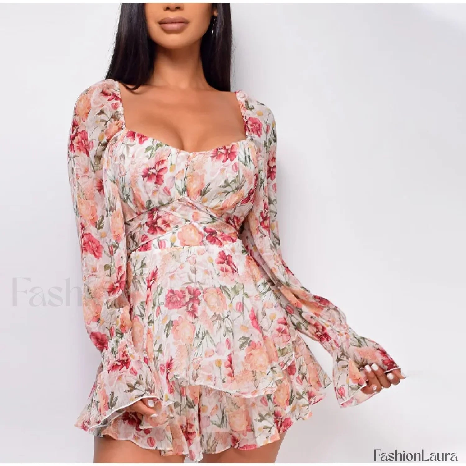 Square Neck Jumpsuit Floral Dress Pink / S