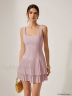 Square Neck Pleated Dress Pink / XS Dresses