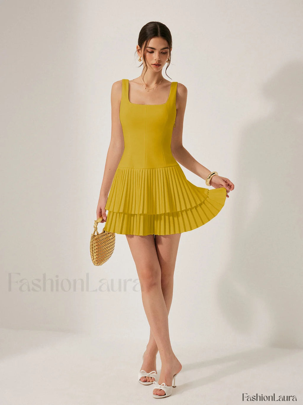 Square Neck Pleated Dress Yellow / XS Dresses