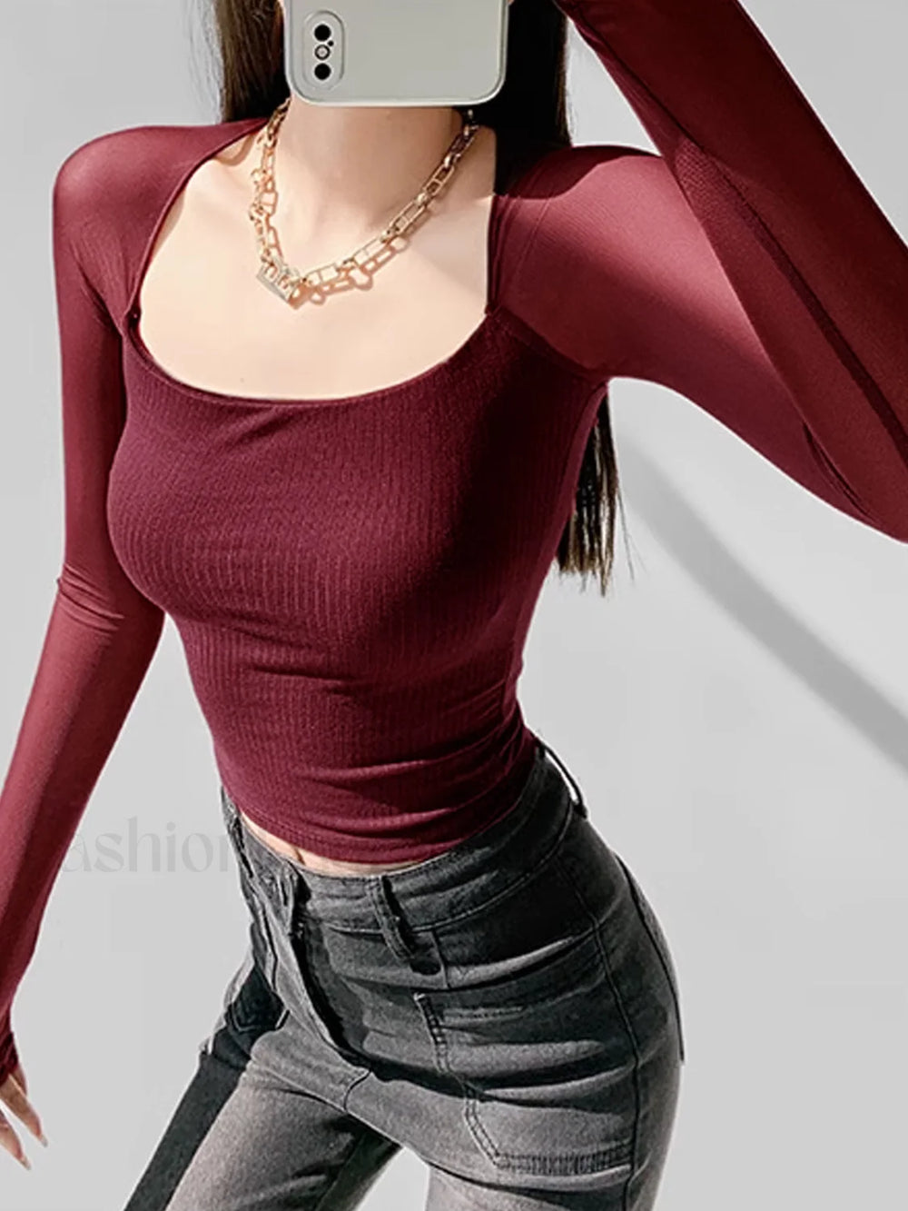 Square Neck Sheer Panel Crop T Shirt Red / XS T Shirts