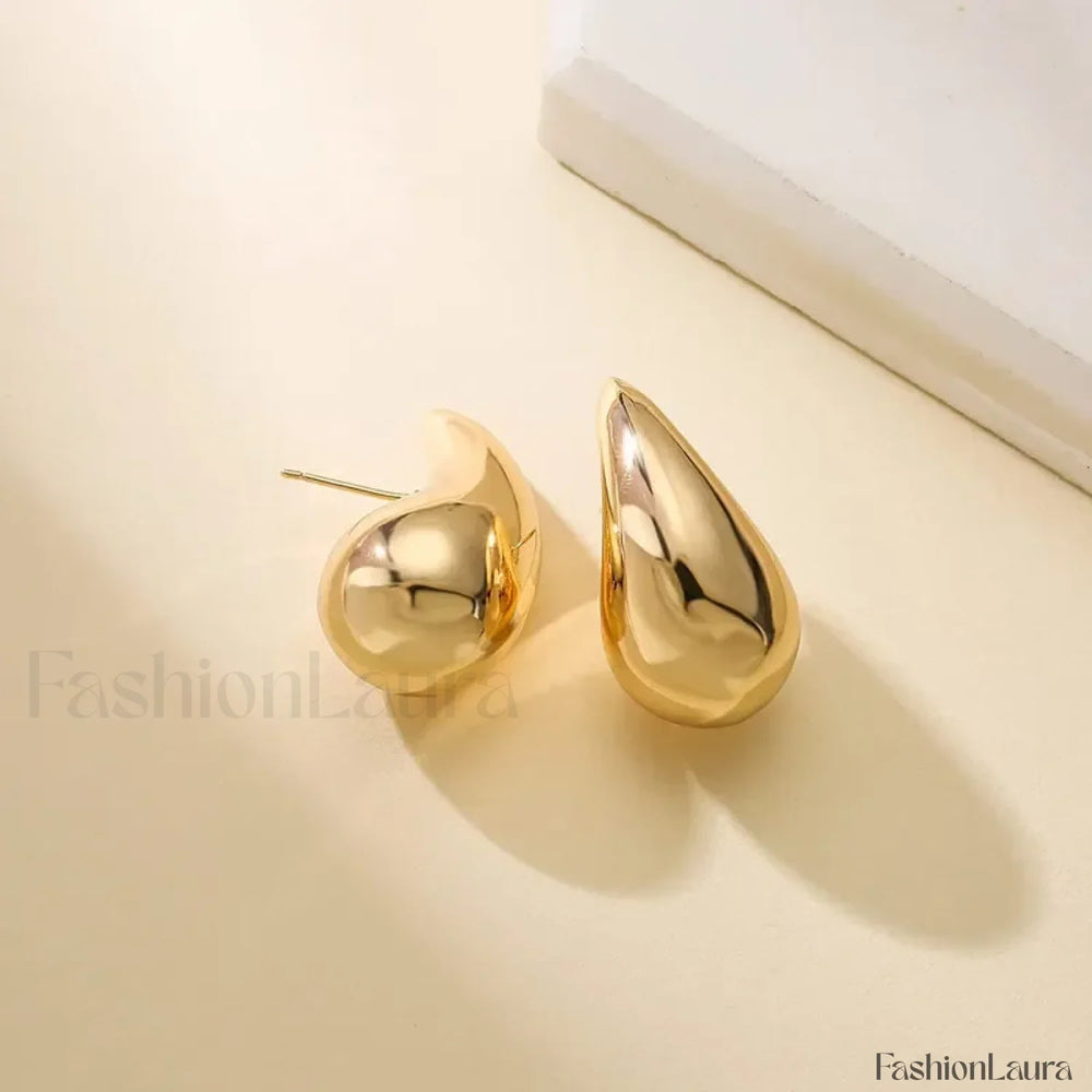 Stainless Steel Gold Plated Tear Drop Earrings Lightweight Smooth Metal Waterdrop Hoop Earring