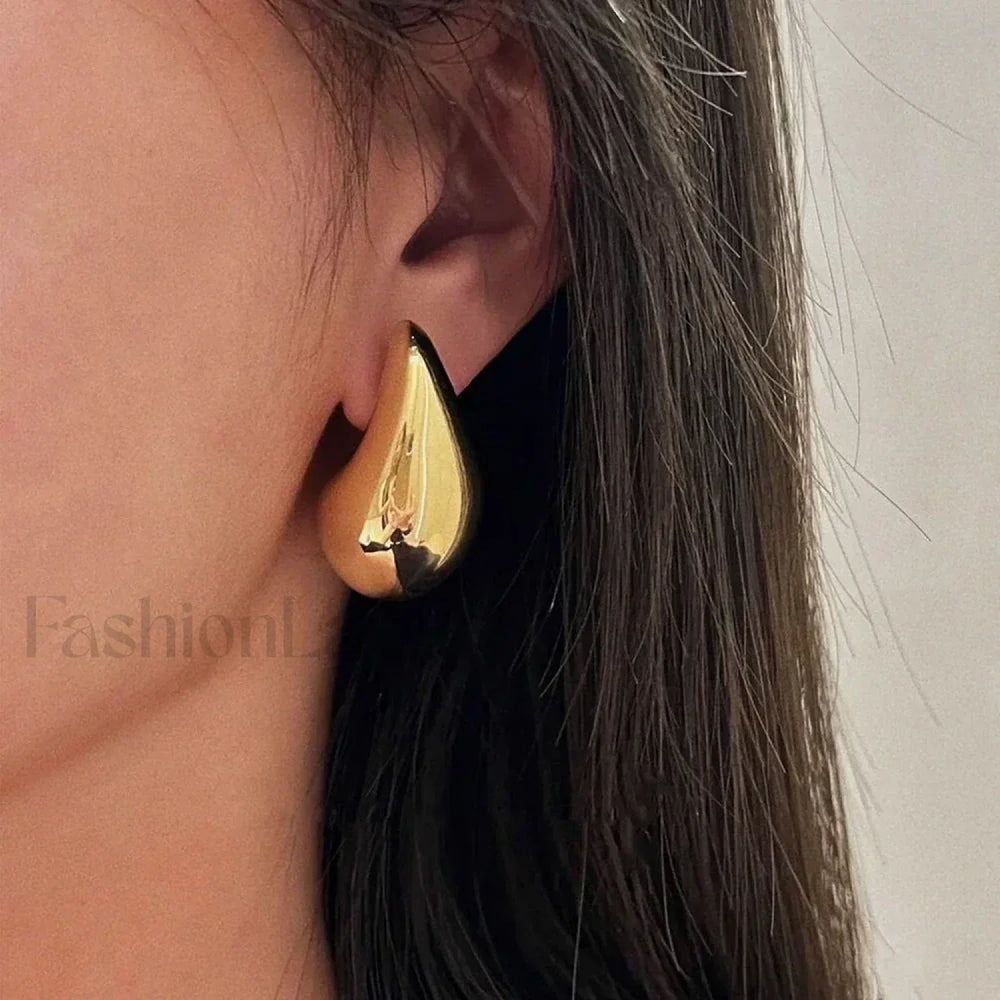 Stainless Steel Gold Plated Tear Drop Earrings Lightweight Smooth Metal Waterdrop Hoop Earring