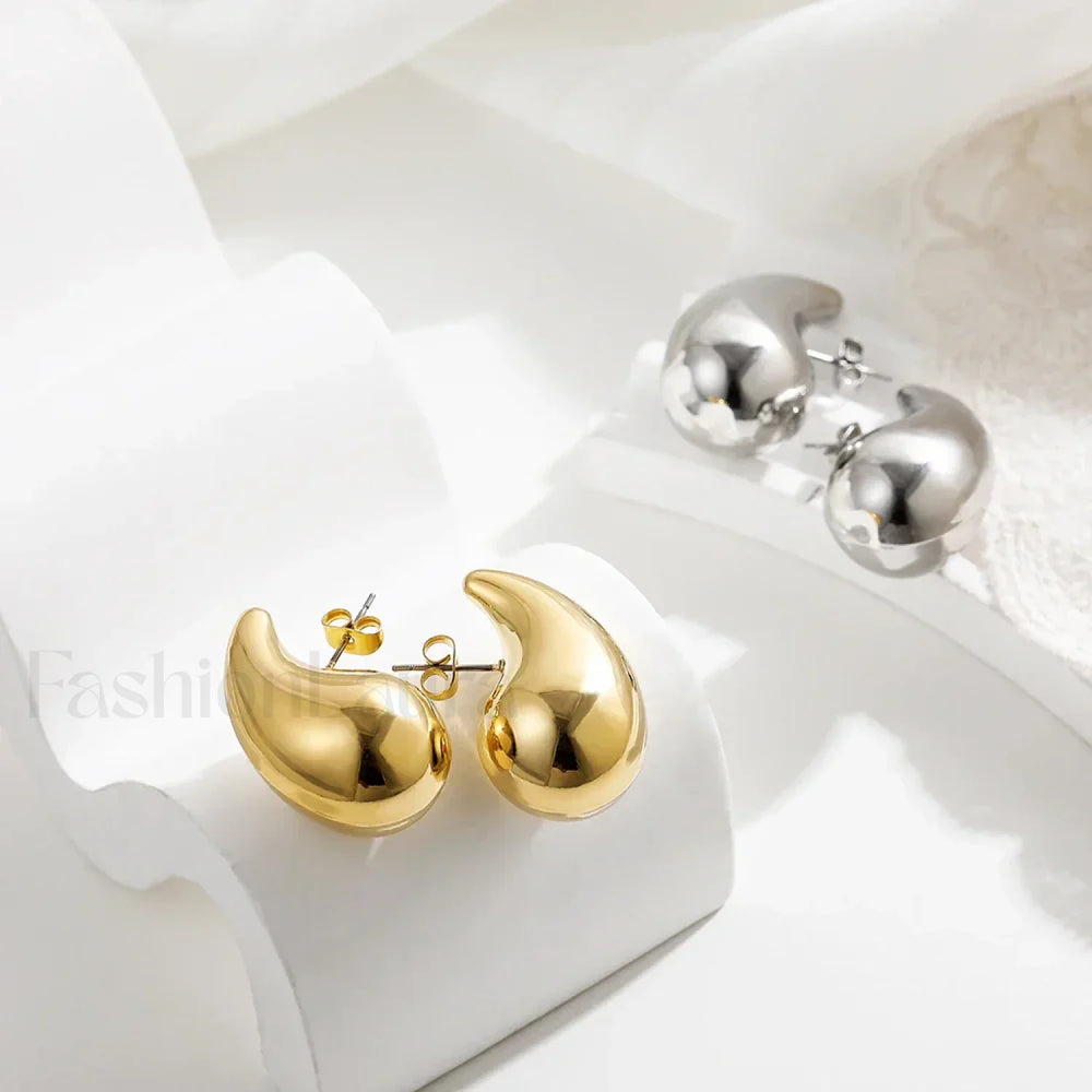 Stainless Steel Gold Plated Tear Drop Earrings Lightweight Smooth Metal Waterdrop Hoop Earring