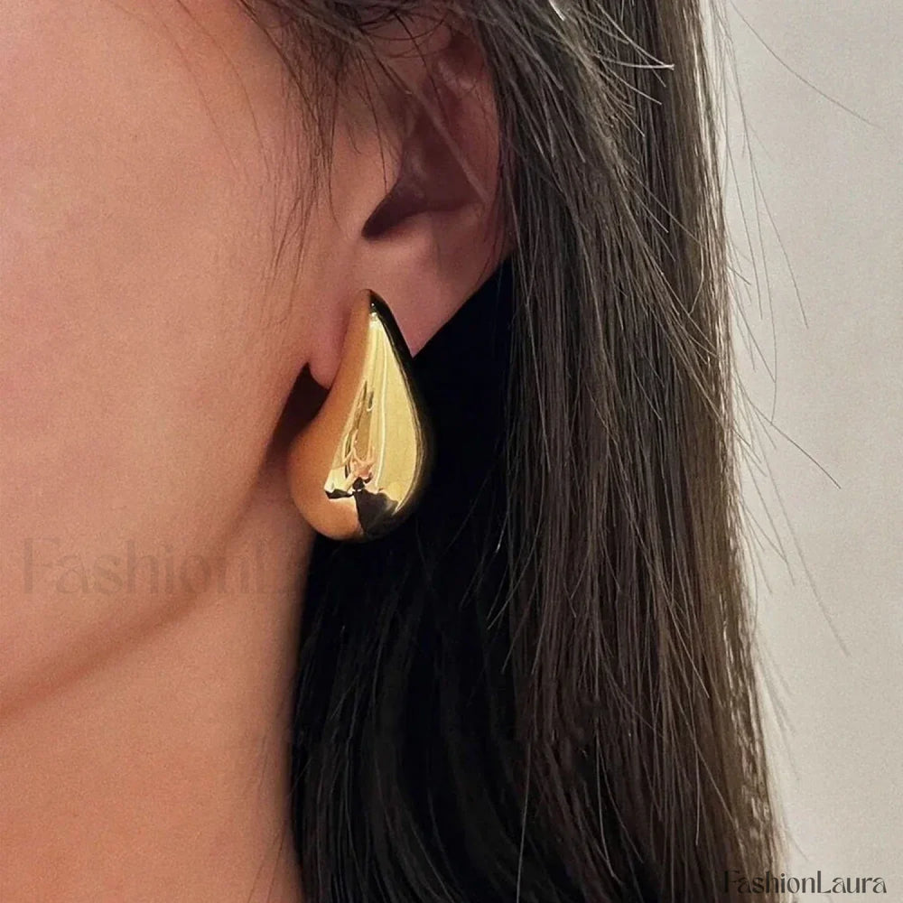 Stainless Steel Gold Plated Tear Drop Earrings Lightweight Smooth Metal Waterdrop Hoop Earring