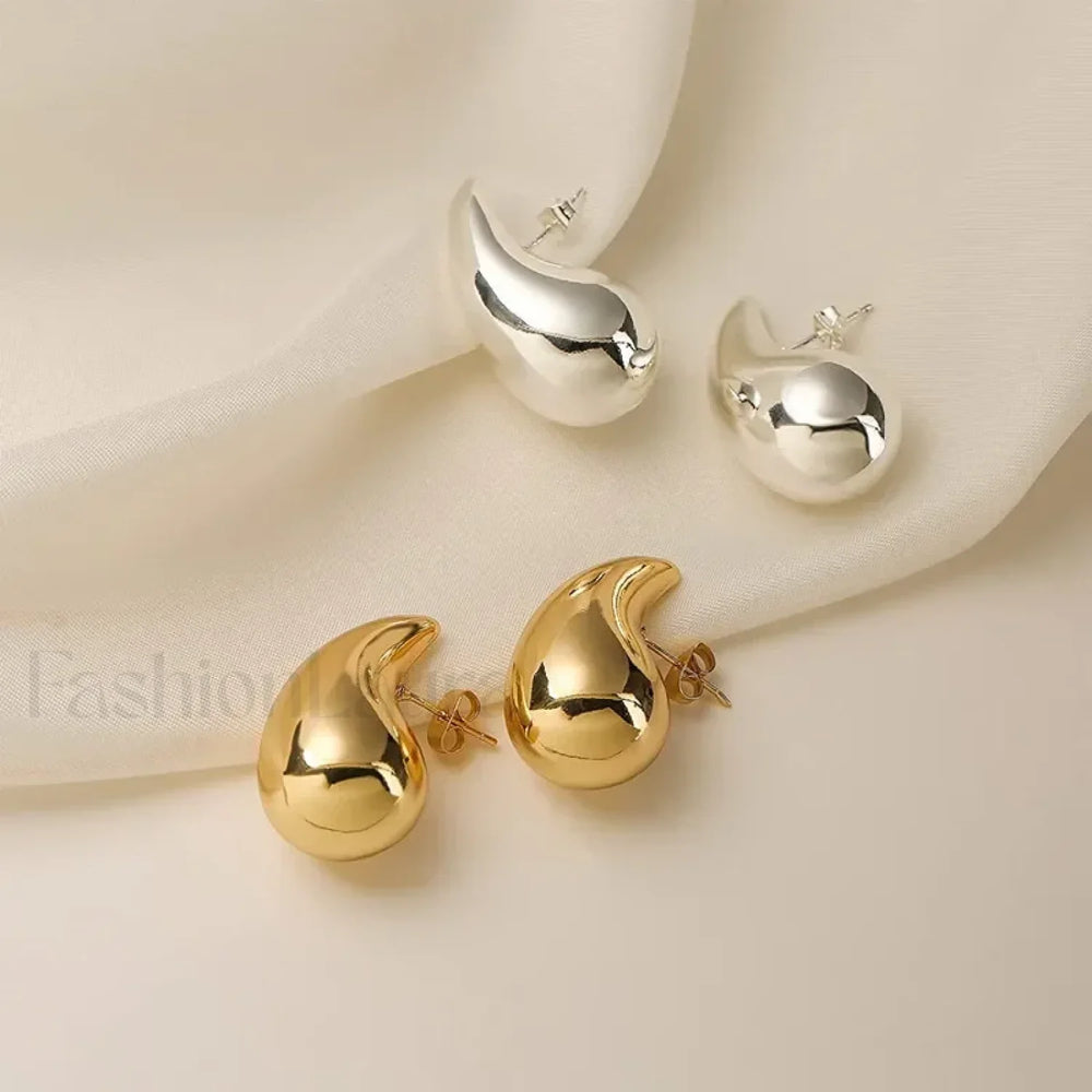 Stainless Steel Gold Plated Tear Drop Earrings Lightweight Smooth Metal Waterdrop Hoop Earring