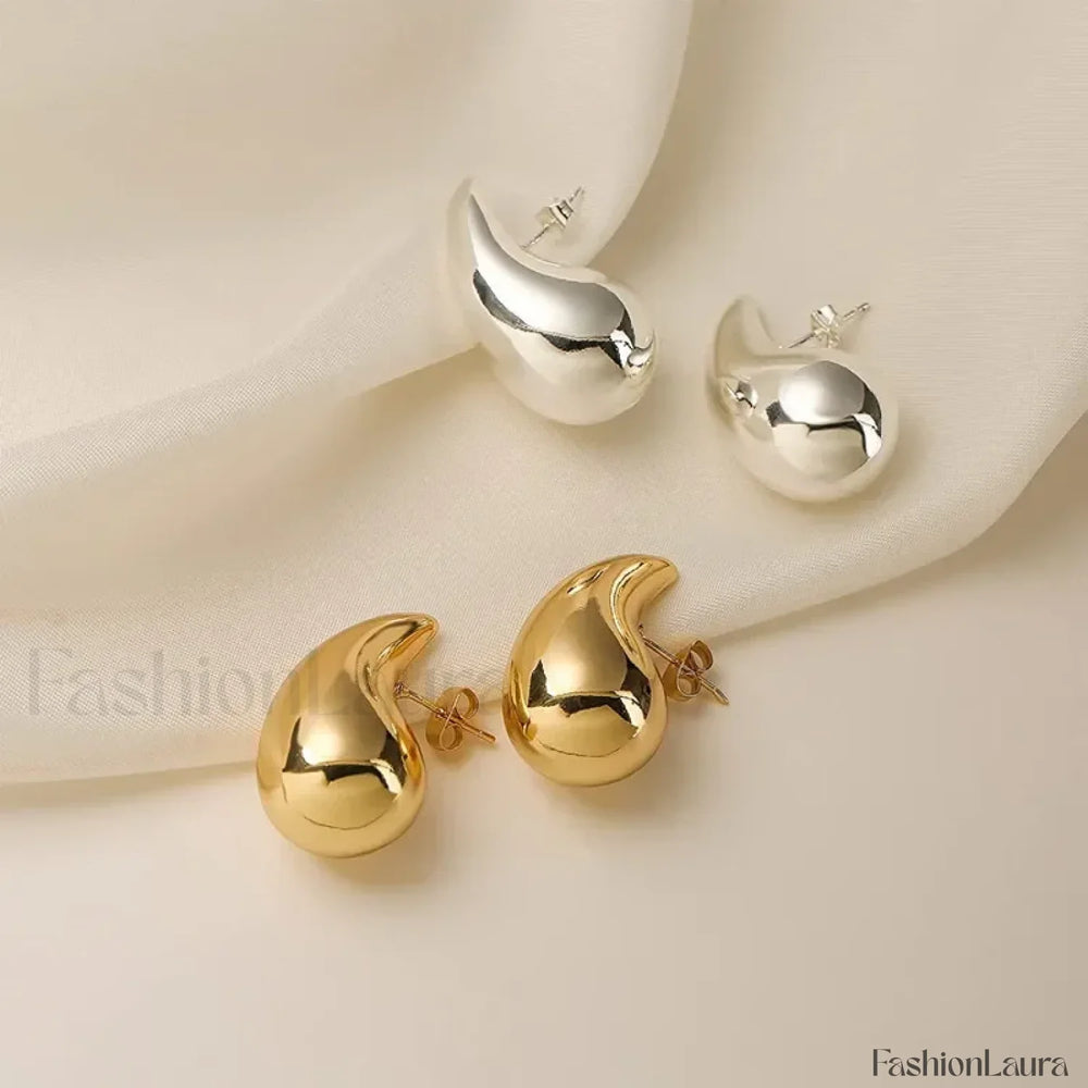 Stainless Steel Gold Plated Tear Drop Earrings Lightweight Smooth Metal Waterdrop Hoop Earring