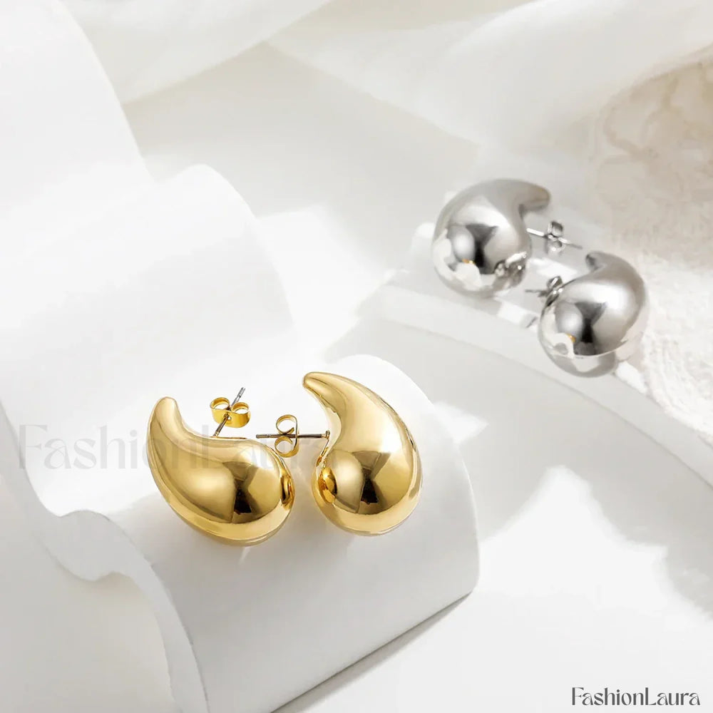 Stainless Steel Gold Plated Tear Drop Earrings Lightweight Smooth Metal Waterdrop Hoop Earring
