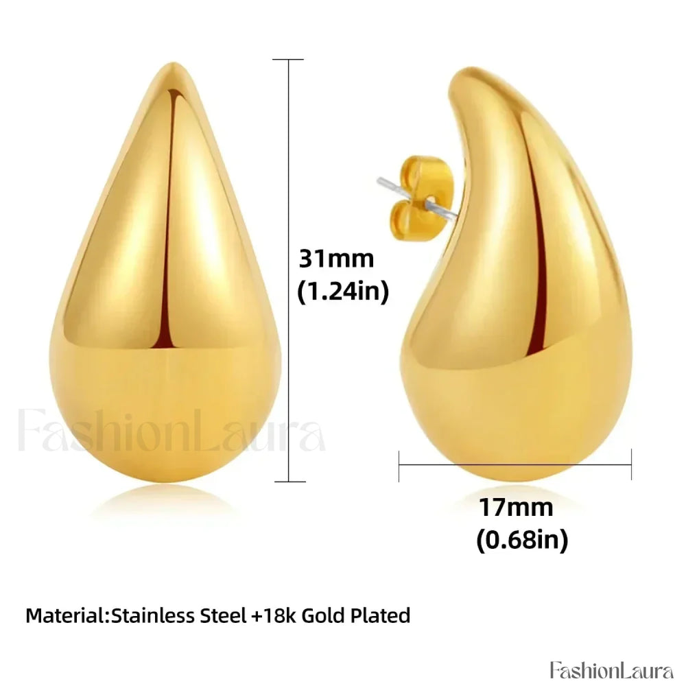 Stainless Steel Gold Plated Tear Drop Earrings Lightweight Smooth Metal Waterdrop Hoop Earring