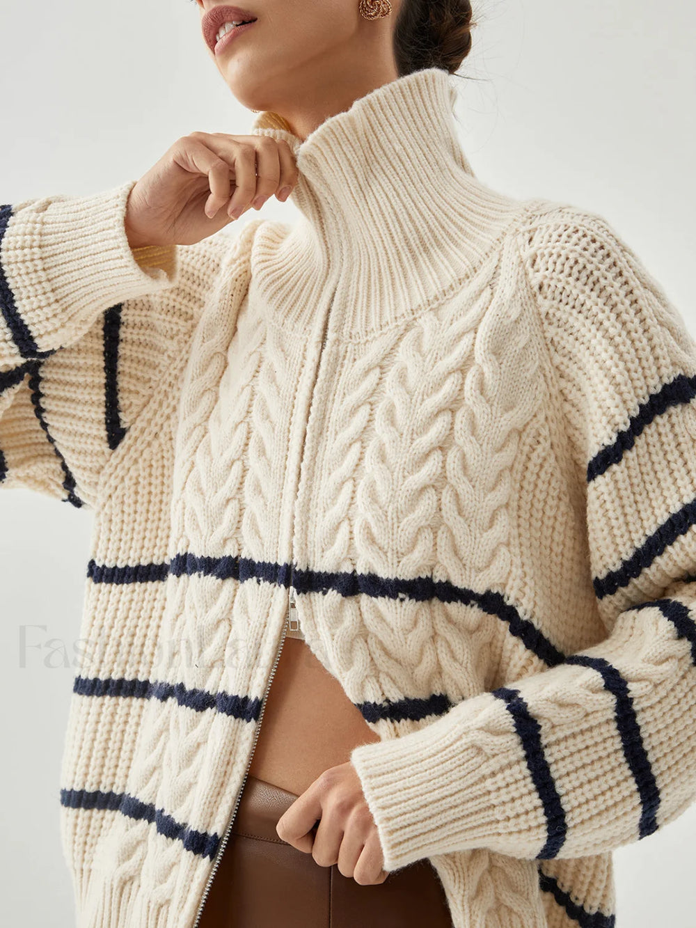 Stand Collar Cable Trendy Knit Stripe Cardigan Sweaters L