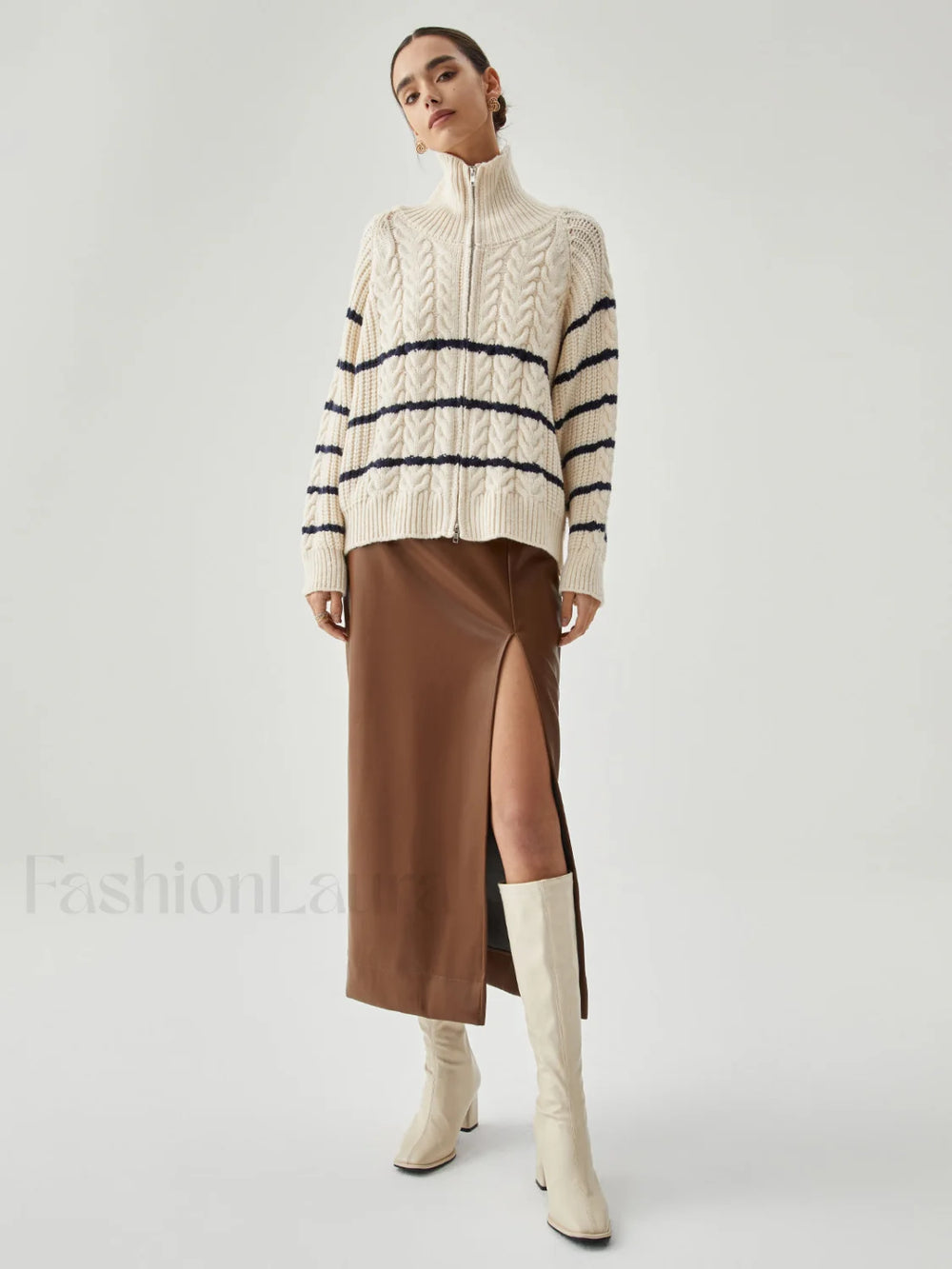 Stand Collar Cable Trendy Knit Stripe Cardigan Sweaters L