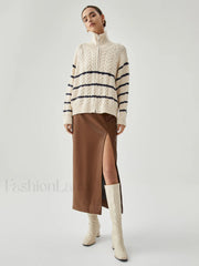 Stand Collar Cable Trendy Knit Stripe Cardigan Sweaters L