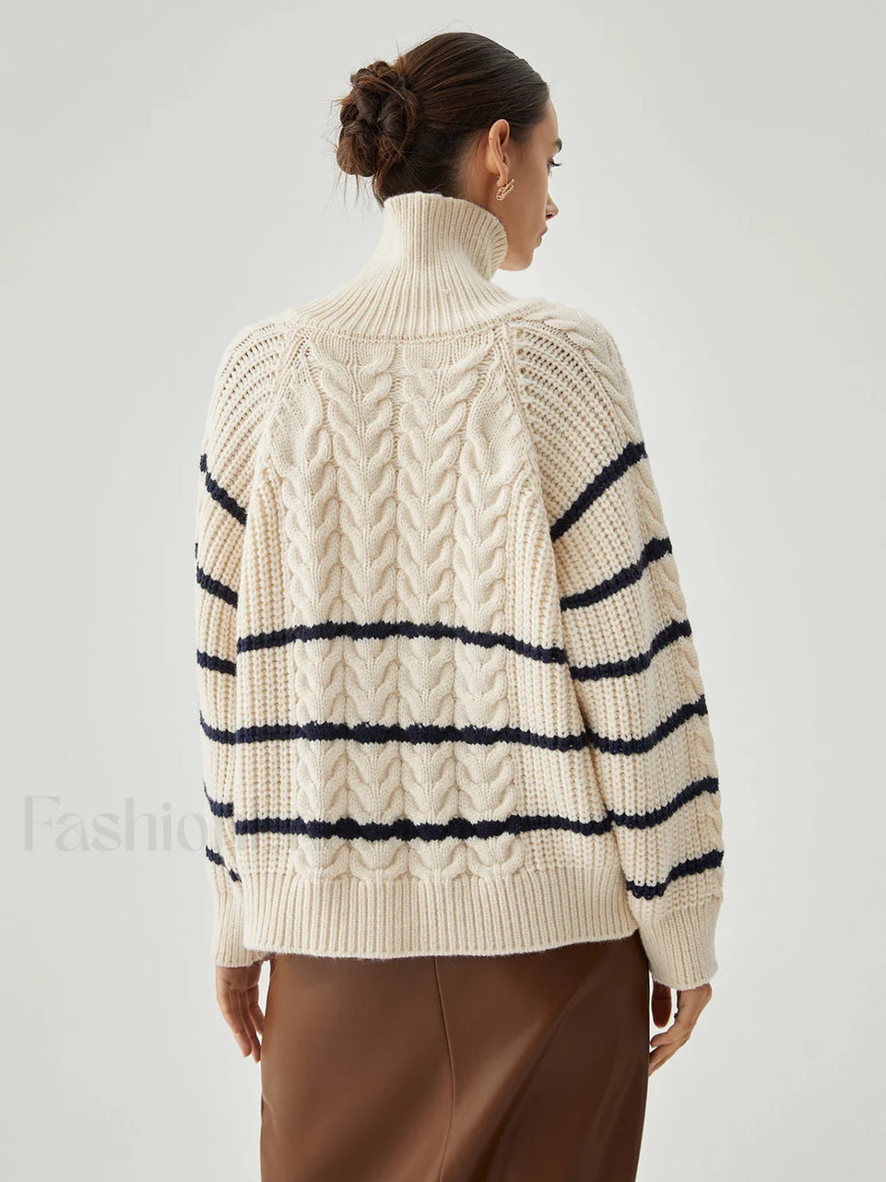 Stand Collar Cable Trendy Knit Stripe Cardigan Sweaters L