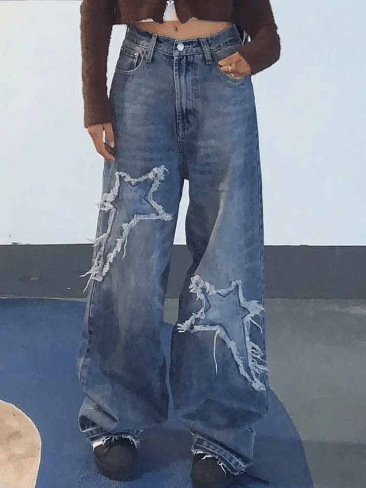 Star Patch Distressed Blue Boyfriend Jeans Blue / S Jeans