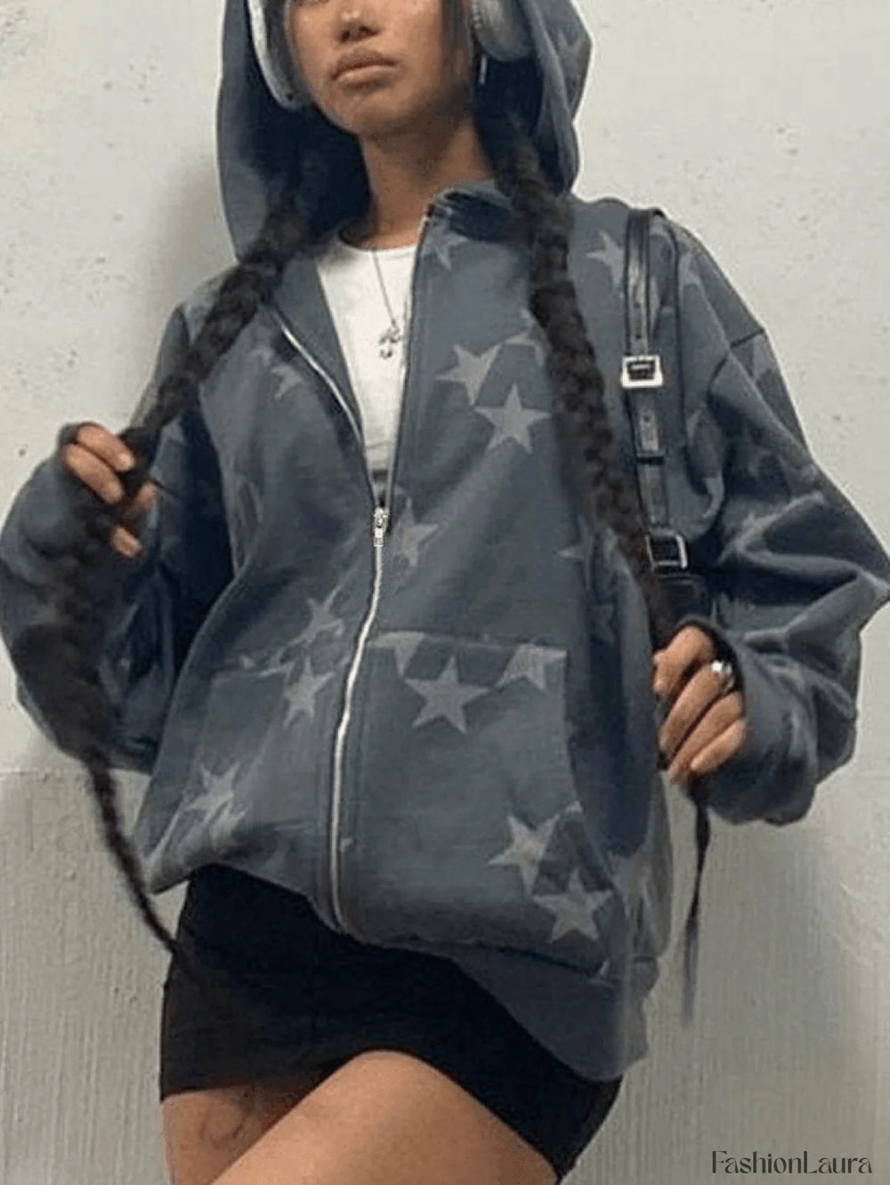 Star Print Zip Up Hoodie Sweatshirts & Hoodies L