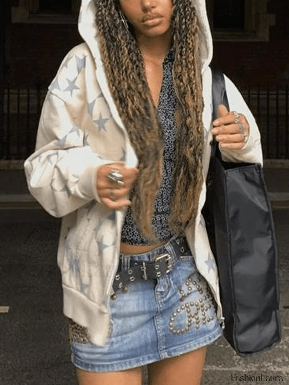 Star Print Zip Up Hoodie Sweatshirts & Hoodies L