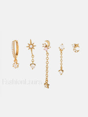 Stars and Graceful Moon Earrings 5 Pieces Gold / One Size Earrings