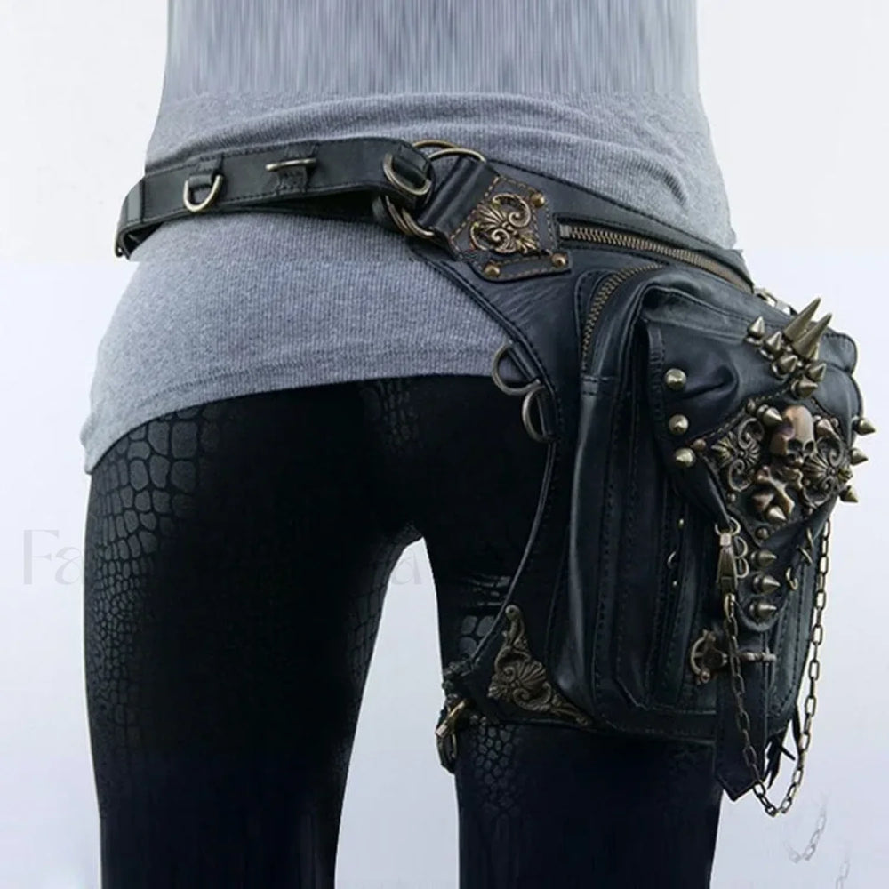 Steam Leg Fanny Belt Punk Messenger Mobile Waist Hip Phone Gothic Bag Black