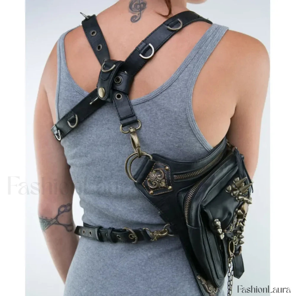 Steam Leg Fanny Belt Punk Messenger Mobile Waist Hip Phone Gothic Bag Black