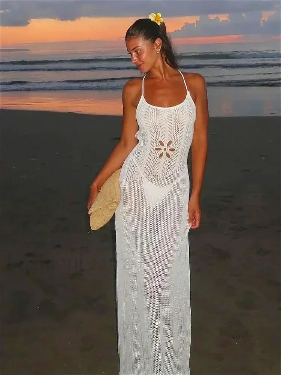 Strap Knitted Floral Cut Out Backless Slim Cover Up