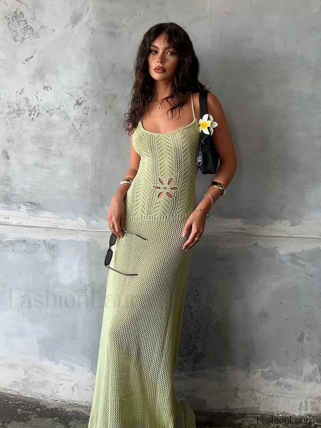 Strap Knitted Floral Cut Out Backless Slim Cover Up Light Green / S