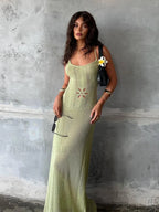 Strap Knitted Floral Cut Out Backless Slim Cover Up Light Green / S