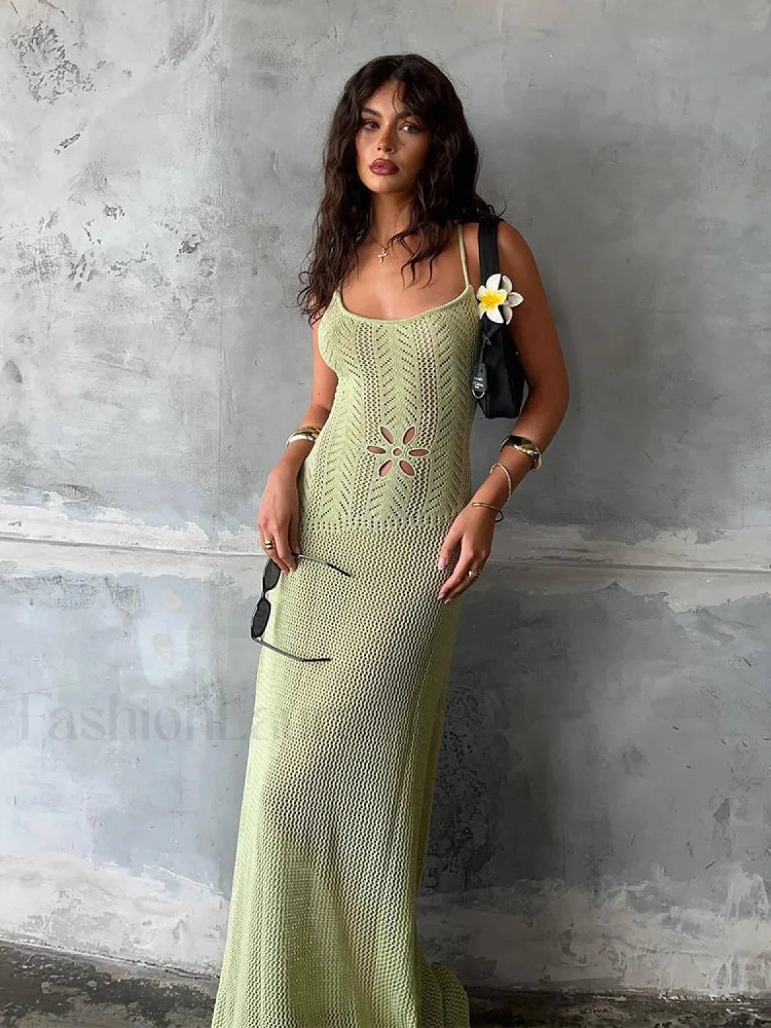 Strap Knitted Floral Cut Out Backless Slim Cover Up Light Green / S