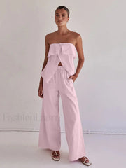 Strapless Backless Pajama Pants Two Piece Set Pink / S