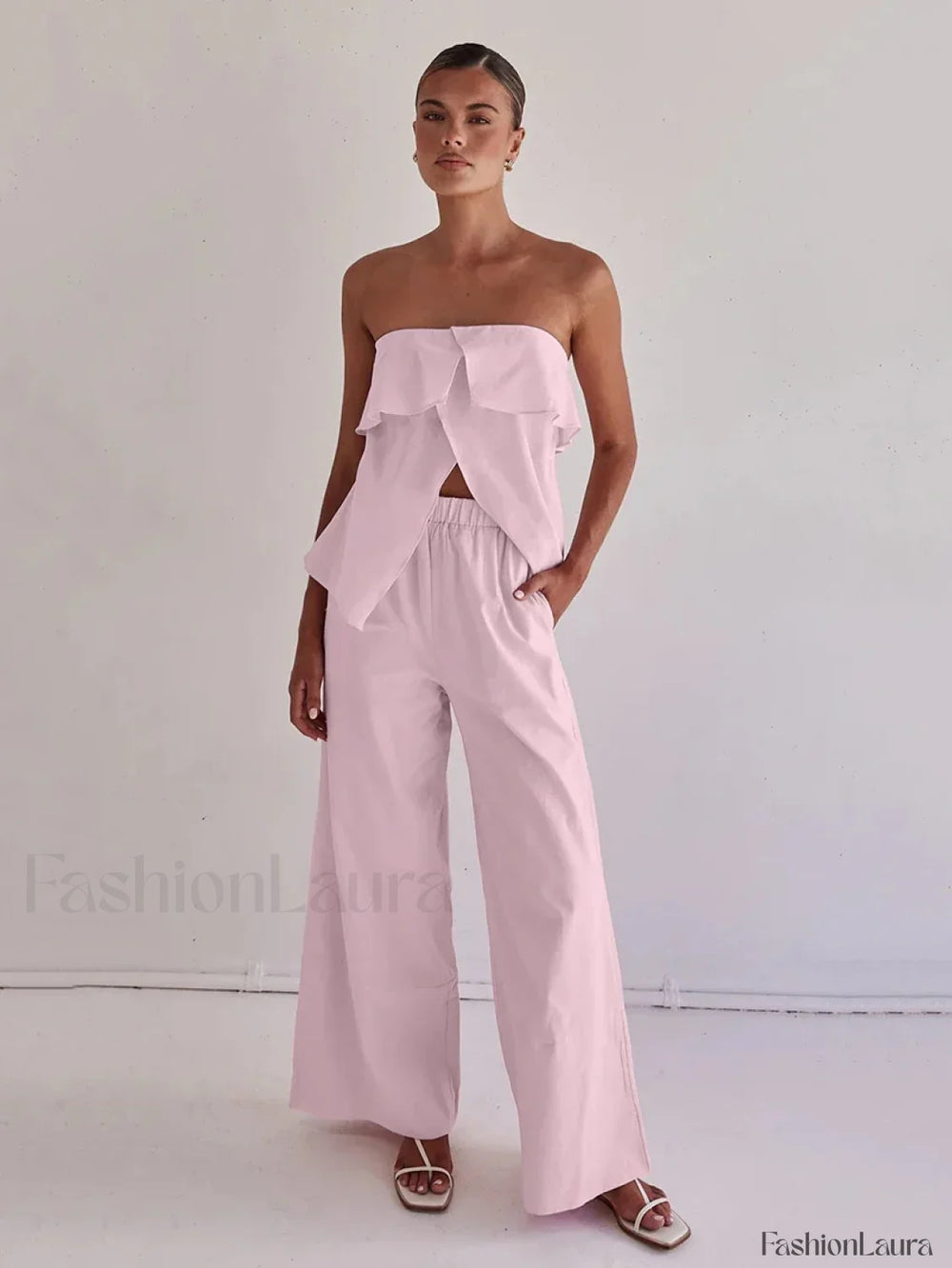 Strapless Backless Pajama Pants Two Piece Set Pink / S