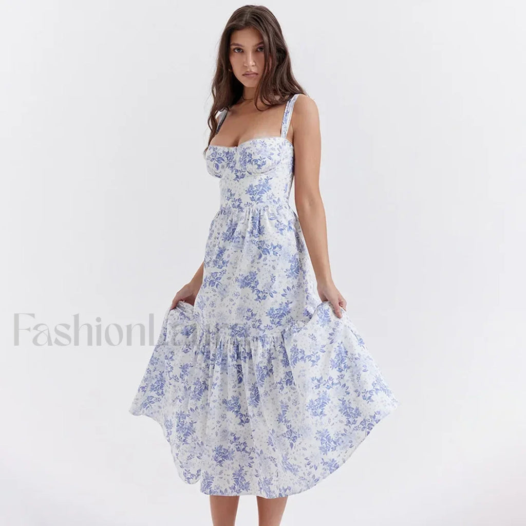 Strapless Bodycon Midi Floral Dress Blue / M